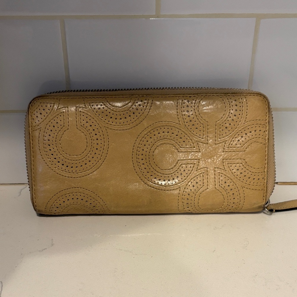 Coach Tan Perforated Leather Zip Wallet